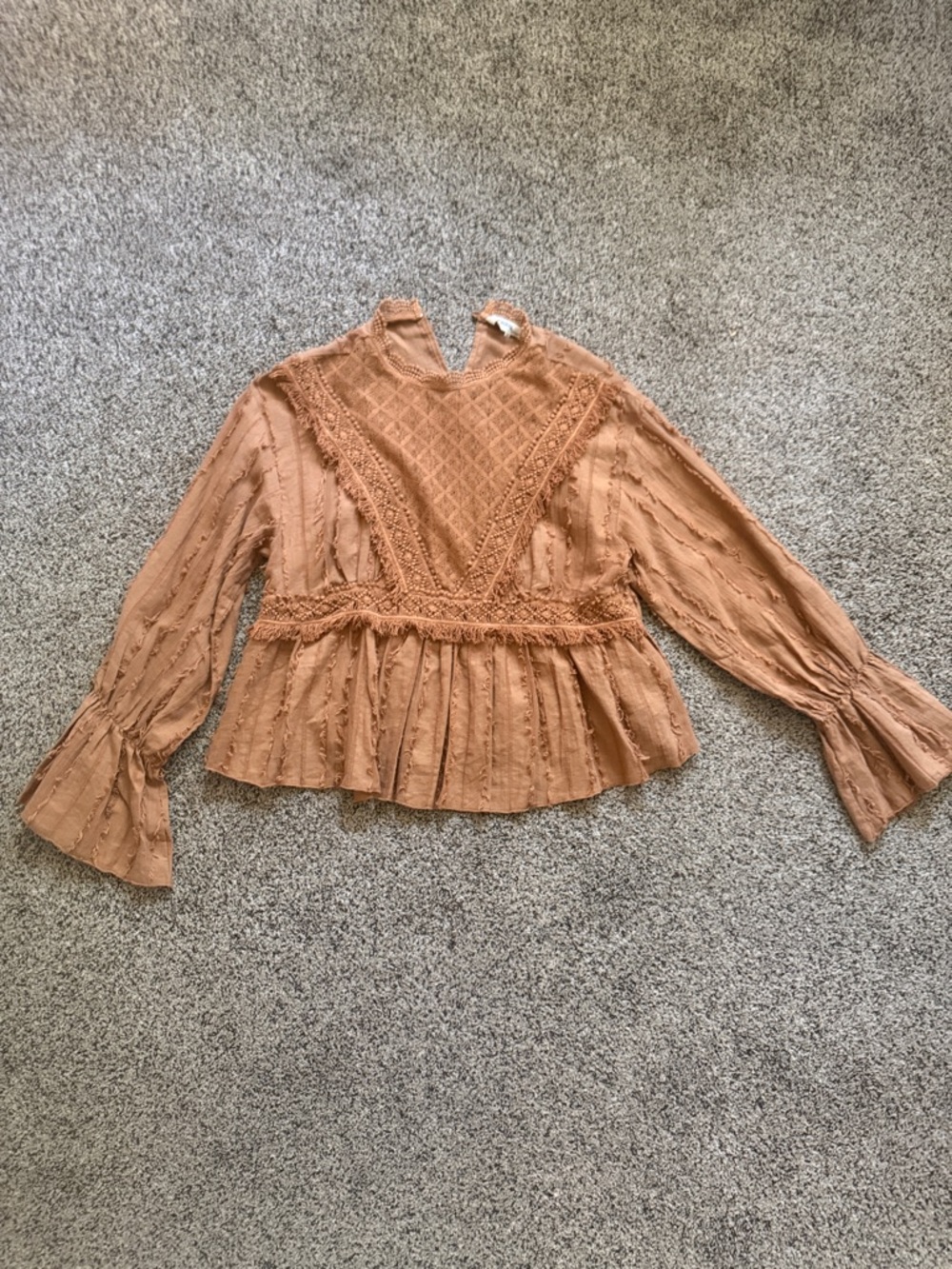 Textured Lace-Trim Peplum Blouse in Rust Brown
